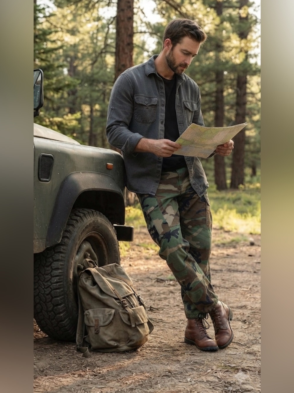 Military Woodland Camo Cargo Pants Mens Medium Long Ripstop Button Fly BDU